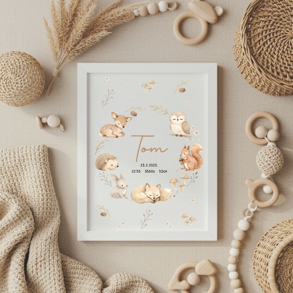 Grafika-gozdni-prijatelji personalizirani okvir za bebe, grafika za rođenje djeteta, personalizirani poster za rođenje djeteta, poster za rođenje djeteta, grafika s podatcima rođenja, posteri za dječju sobu, slika za dječju sobu, slika s podatcima rođenja, pokloni za bebe, pokloni za babinje, pokloni za krštenje, pokloni za curice, pokloni za djevojčice, pokloni za dečke, pokloni za dječake, personalizirani pokloni