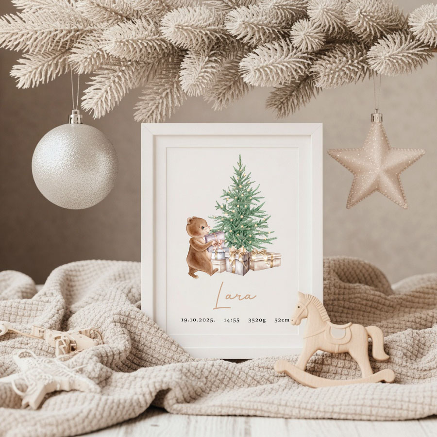 Grafika-Smrekica božić, božićni pokloni, personalizirani okvir za bebe, grafika za rođenje djeteta, personalizirani poster za rođenje djeteta, poster za rođenje djeteta, grafika s podatcima rođenja, posteri za dječju sobu, slika za dječju sobu, slika s podatcima rođenja